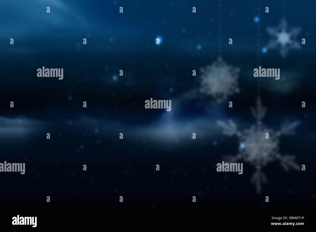 Cielo notturno invernale dal design piatto che mostra tre decorazioni con fiocchi di neve sospesi su corde tratteggiate Foto Stock