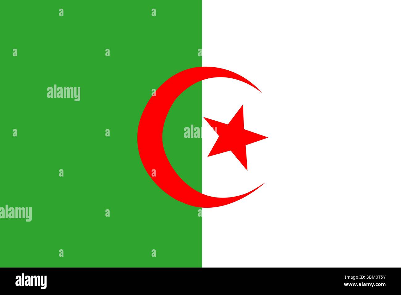 La bandiera algerina mostra metà verde e bianca, con mezzaluna rossa e stella dal design piatto Foto Stock