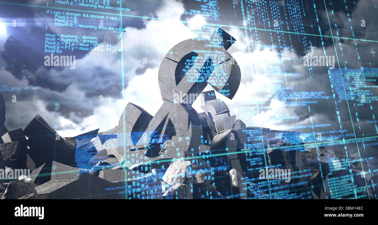 Immagine composita 3D del simbolo del dollaro con rocce e linguaggio informatico Foto Stock