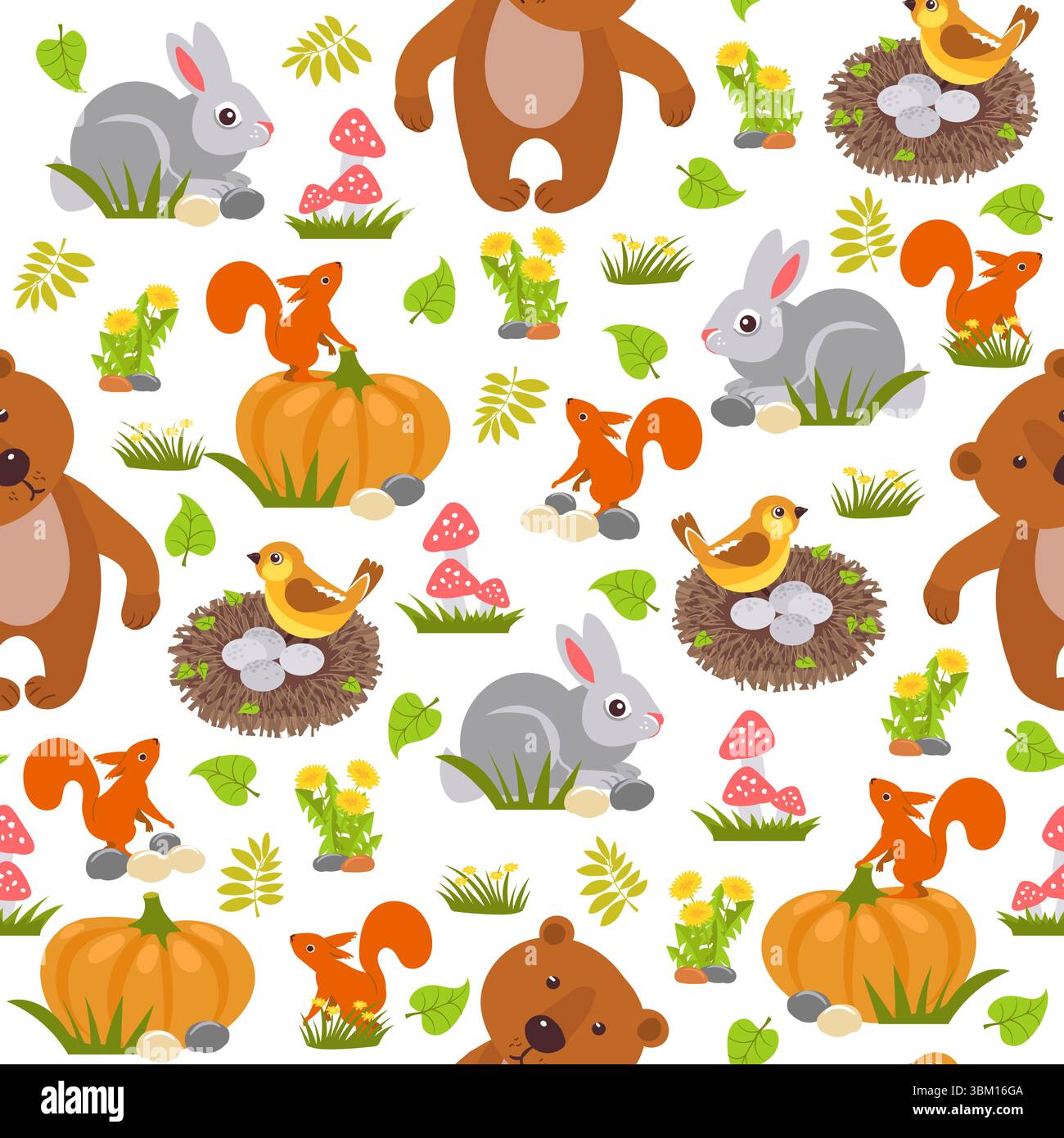 Animali boschivi senza cuciture. Orso cartoni animati e scoiattolo. Lepre carina con zucca. Nido di uccelli. Stampa bambino ripetuta. Fiore di dente di leone. Foglie d'albero. MAM Illustrazione Vettoriale