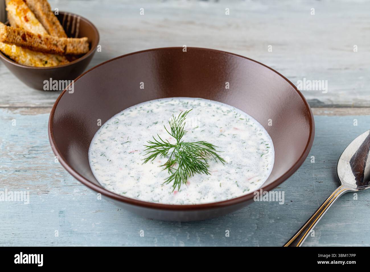 Zuppa fredda di yogurt con cetriolo, aneto ed erbe fresche Foto Stock