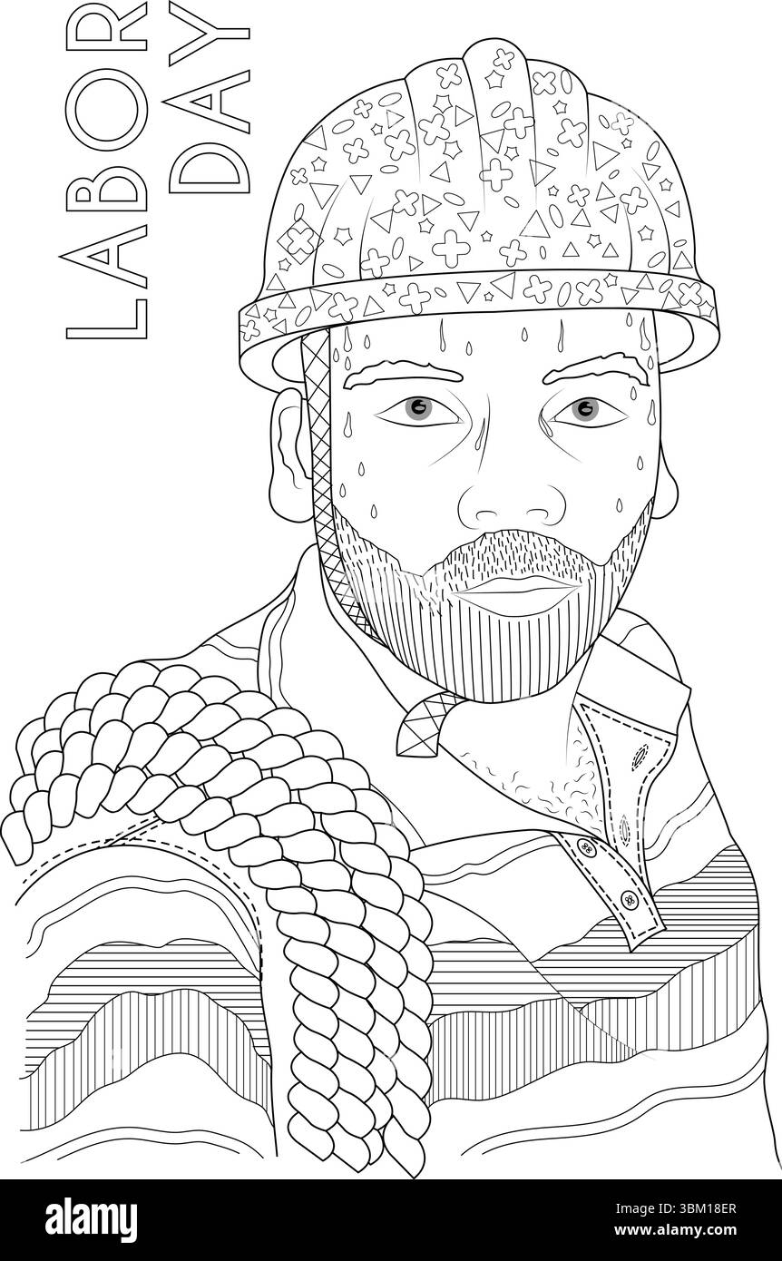 Illustrazione in linea bianca e nera che raffigura un lavoratore determinato che indossa un elmetto e una corda pesante sulla spalla, con gocce di sudore in alto Illustrazione Vettoriale