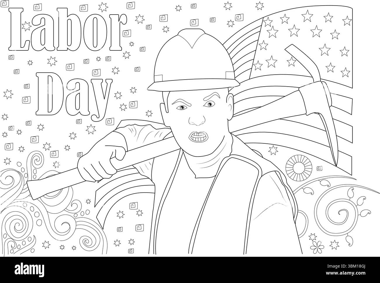 Illustrazione in linea bianca e nera adatta per la colorazione, raffigurante un operaio edile determinato con un elmetto che regge un piccone sopra il suo shoul Illustrazione Vettoriale