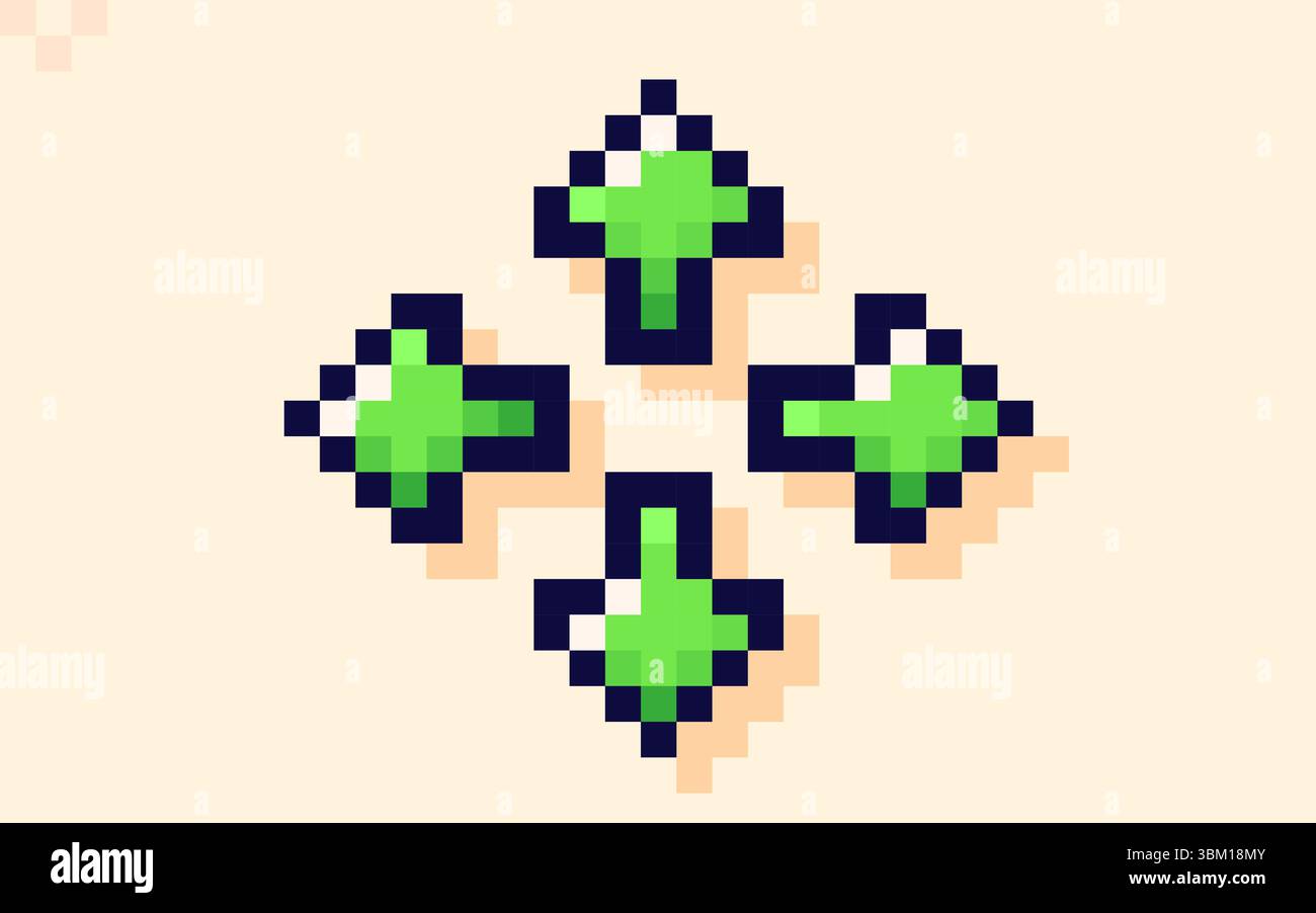 Quattro puntatori a frecce verdi. Elemento di gioco disegnato in stile pixel art. Illustrazione Vettoriale