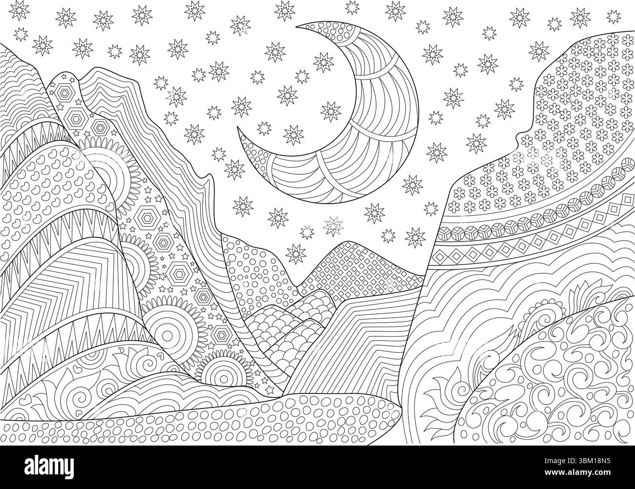 Illustrazione in bianco e nero di un paesaggio notturno fantasioso. Una dettagliata luna crescente è appesa nel cielo stellato sopra le colline ondulate e. Illustrazione Vettoriale