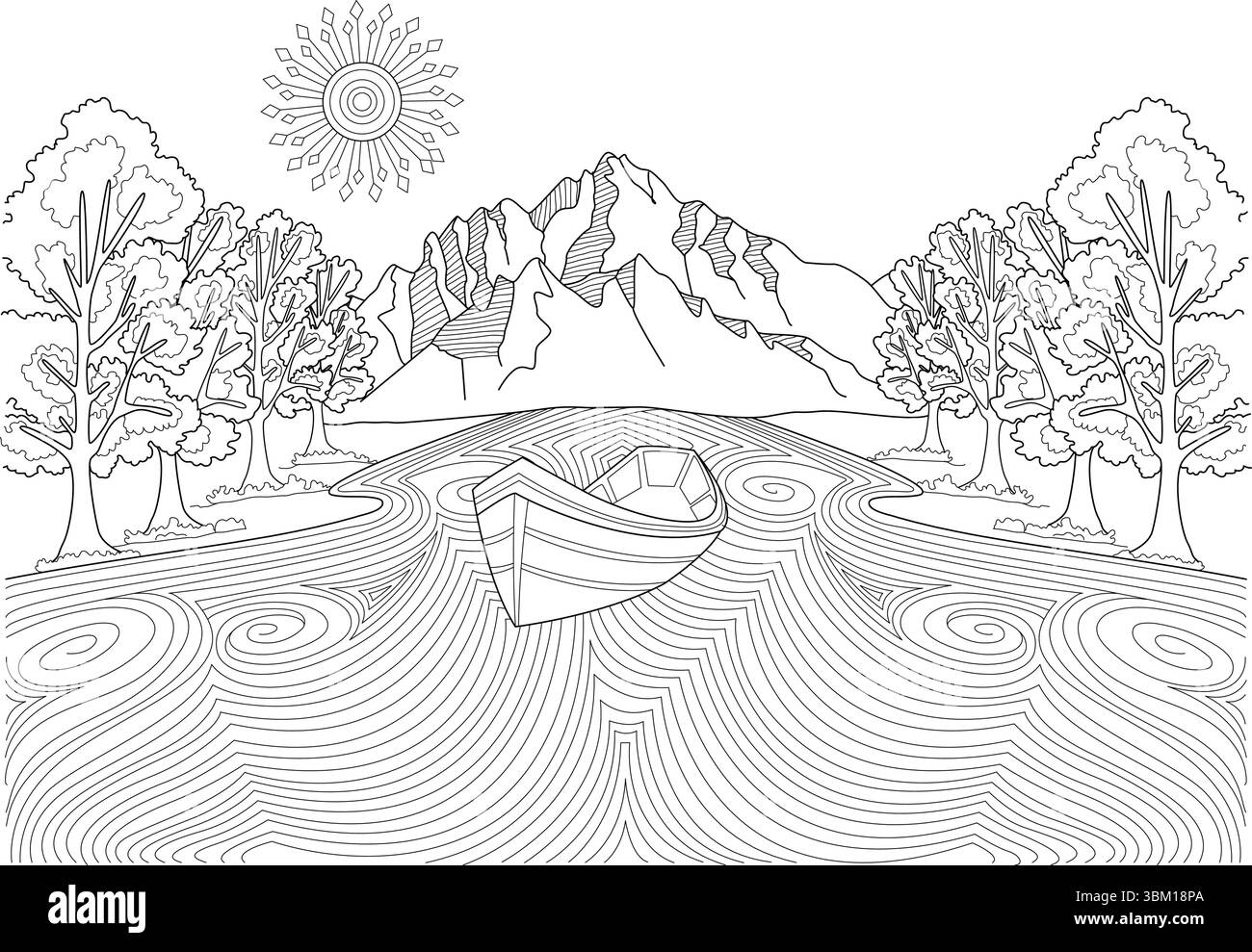 Disegno dettagliato di una scenografia orizzontale adatto per una pagina o un'illustrazione da colorare. Una barca solitaria poggia su un fiume con un'onda astratta unica Illustrazione Vettoriale