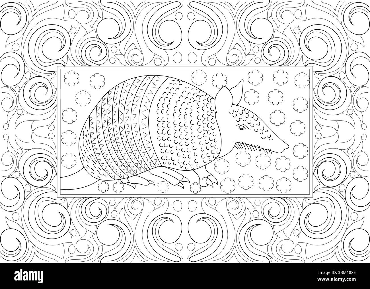 Disegno di linee in bianco e nero con armadillo centrato all'interno di una cornice rettangolare riempita di semplici forme a nuvola. Il telaio è racchiuso da Illustrazione Vettoriale
