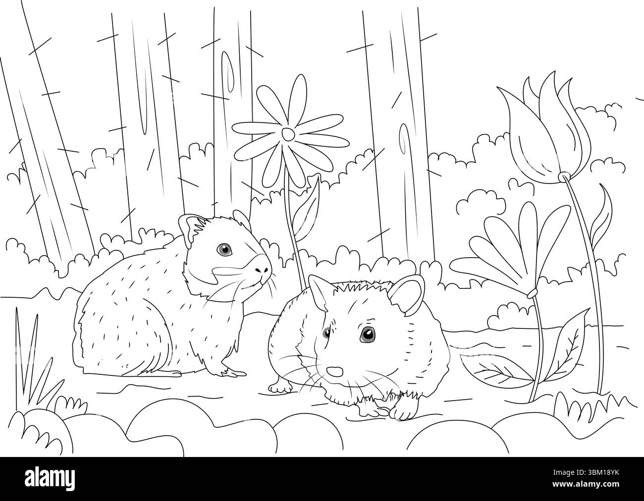 Illustrazione in linea bianca e nera raffigurante due carini animali pelosi, simili a criceti o roditori, seduti pacificamente in una foresta semplificata Illustrazione Vettoriale