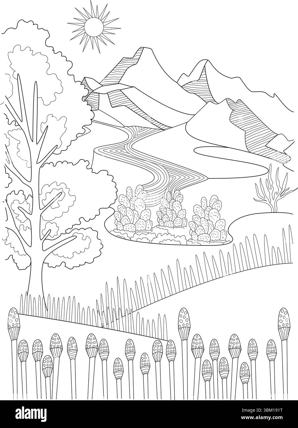 Illustrazione astratta di una scena paesaggistica con montagne stilizzate sullo sfondo, un fiume tortuoso che scorre attraverso il terreno centrale, Illustrazione Vettoriale