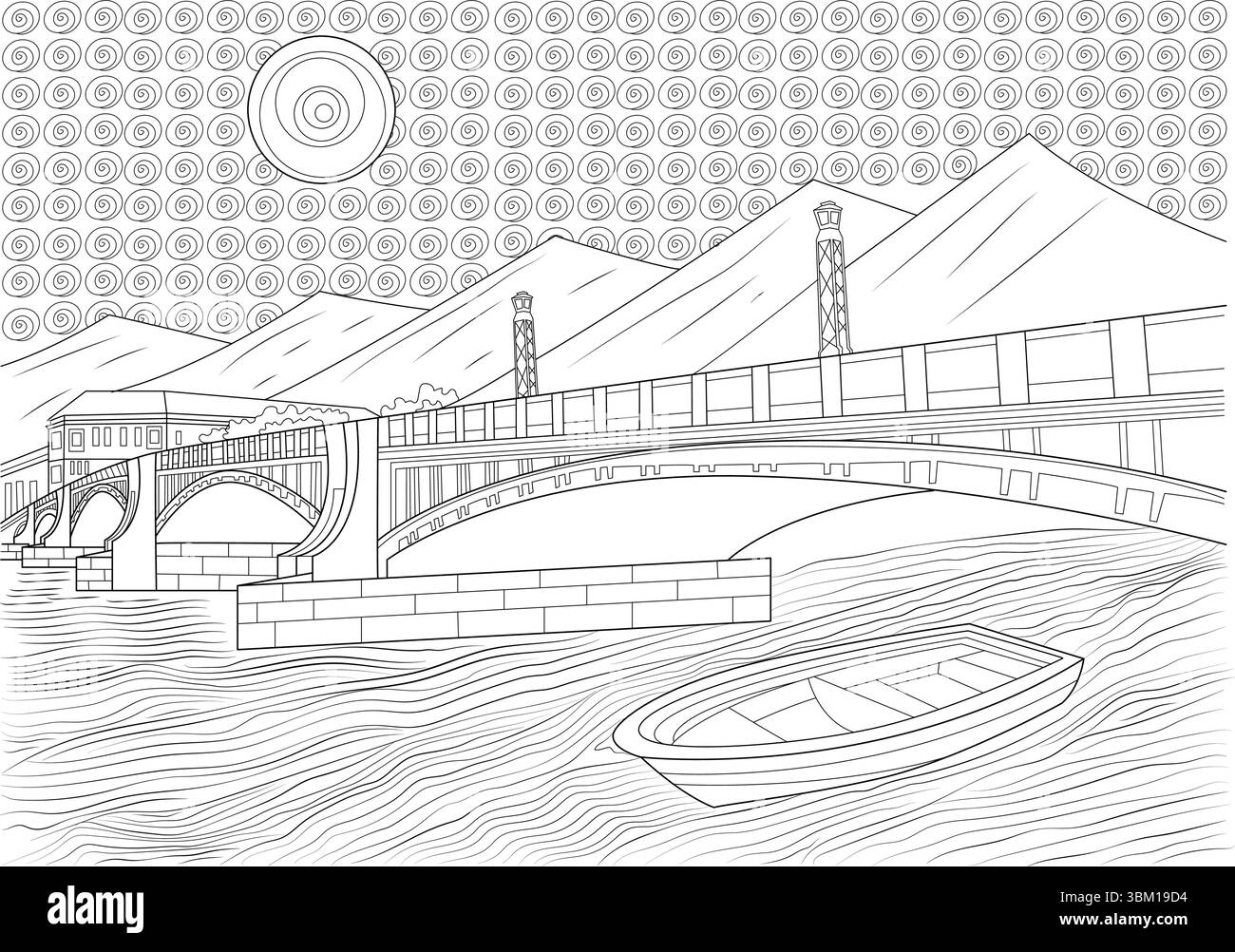 Un'illustrazione in bianco e nero che raffigura un tranquillo paesaggio montano. La scena include il flusso d'acqua del fiume con una piccola barca, multiple brid Illustrazione Vettoriale