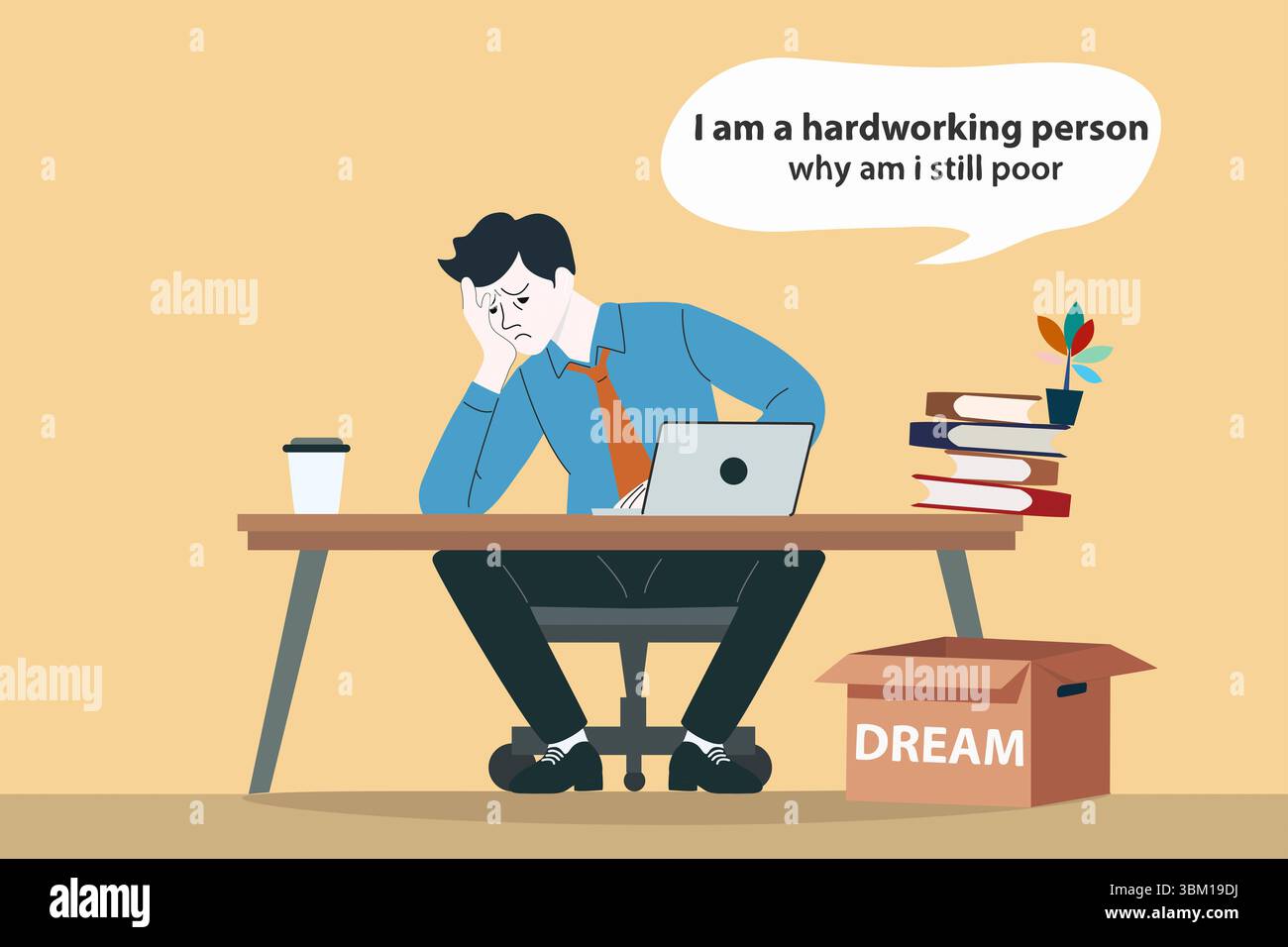 concetto di lotta di vita, pensiero negativo, uomo d'affari frustrato e infelice sedersi e pensare, mescolare emozione pensiero di paura ansia depressione Foto Stock