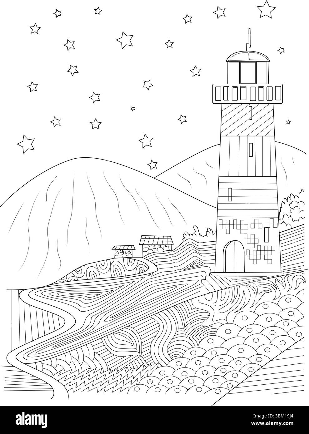 Intricata illustrazione in bianco e nero di un faro su un paesaggio costiero collinare a motivi geometrici. Con montagne, stelle nel cielo, piccolo bui Illustrazione Vettoriale