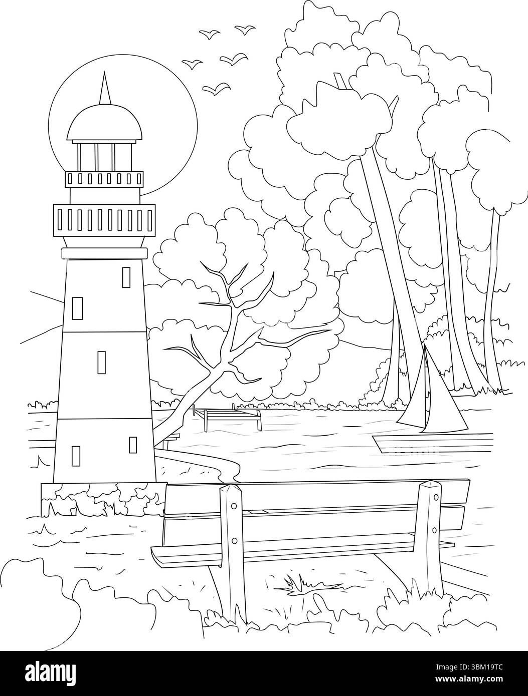Illustrazione in bianco e nero con un tranquillo paesaggio costiero o lungolago. La scena include un faro prominente, un corpo d'acqua con spirito Illustrazione Vettoriale