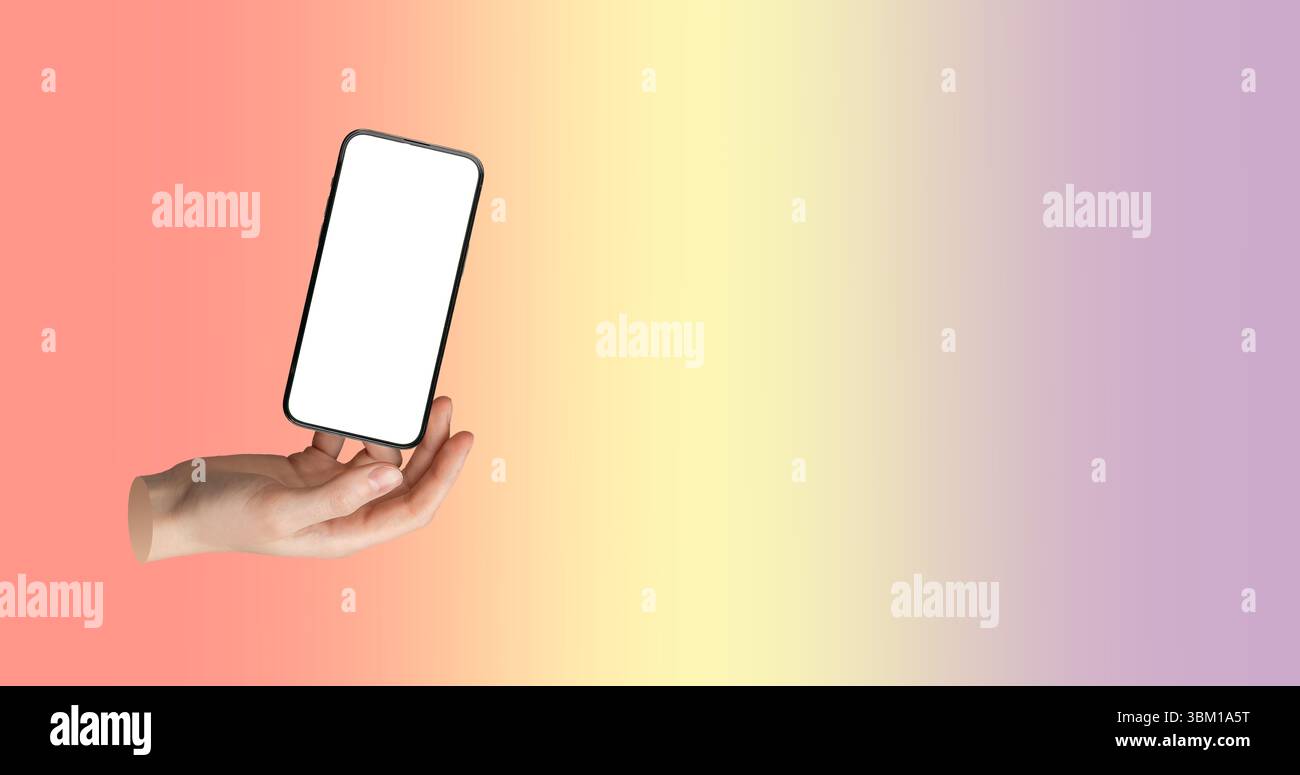 Mano che tiene lo smartphone con schermo vuoto in colorato gradiente pastello. Moderno dispositivo digitale fluttuante nella levitazione, che rappresenta la tecnologia mobile, c Foto Stock