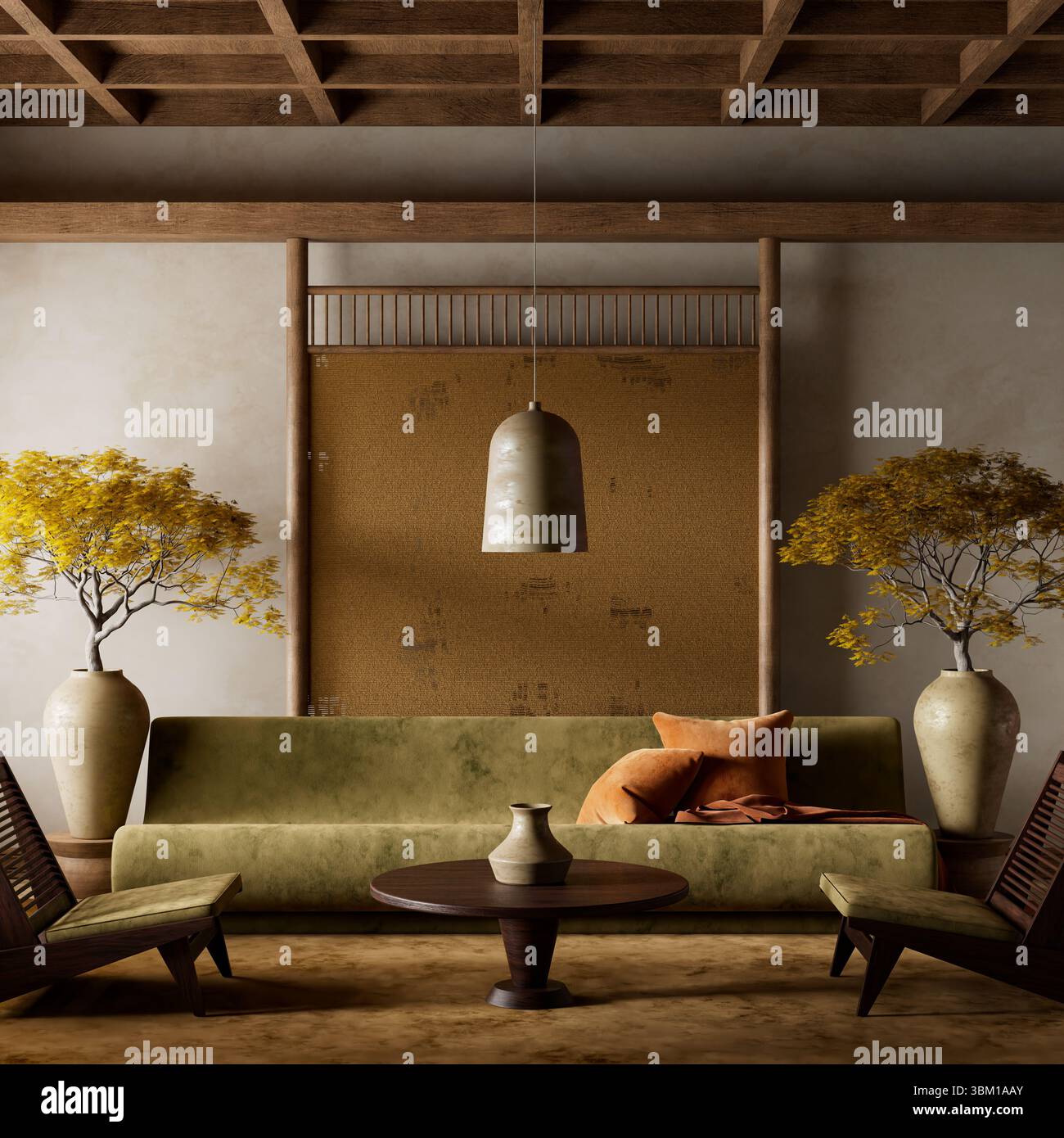 Camera moderna con tonalità terrose, posti a sedere bassi e vasi in ceramica. Un albero in vaso e decorazioni di ispirazione giapponese creano un'atmosfera tranquilla, elegante e minimalista Foto Stock