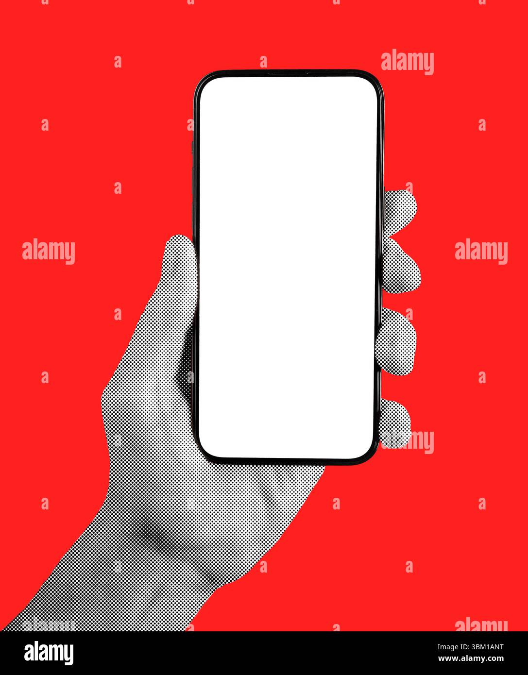 Telefono in mano maschile. Uomo con smartphone nero con schermo vuoto, sfondo rosso e mezzitoni retrò. Moderno concetto di tecnologia mobile con tecnologia a punti Foto Stock