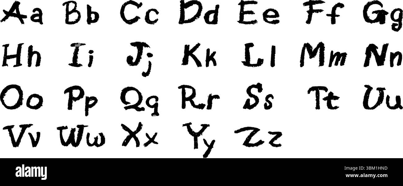 Alfabeto inglese disegnato a mano in un pastello. Lettere maiuscole colorate in stile gesso, pastello o cera. Effetto evidenziatore sulla lavagna bianca per l'asilo Illustrazione Vettoriale