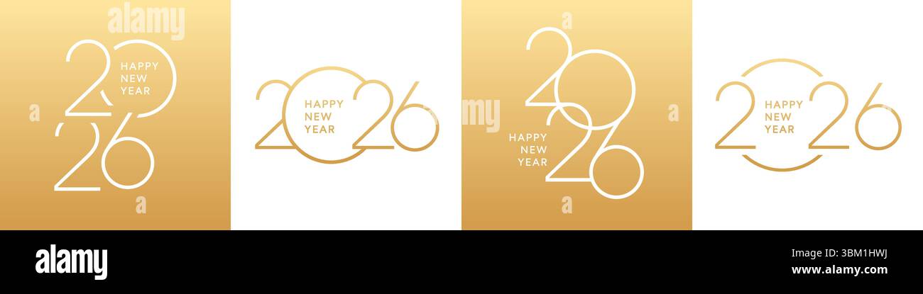 Set di carte oro 2026, poster di Capodanno, logo con numeri sottili Illustrazione Vettoriale