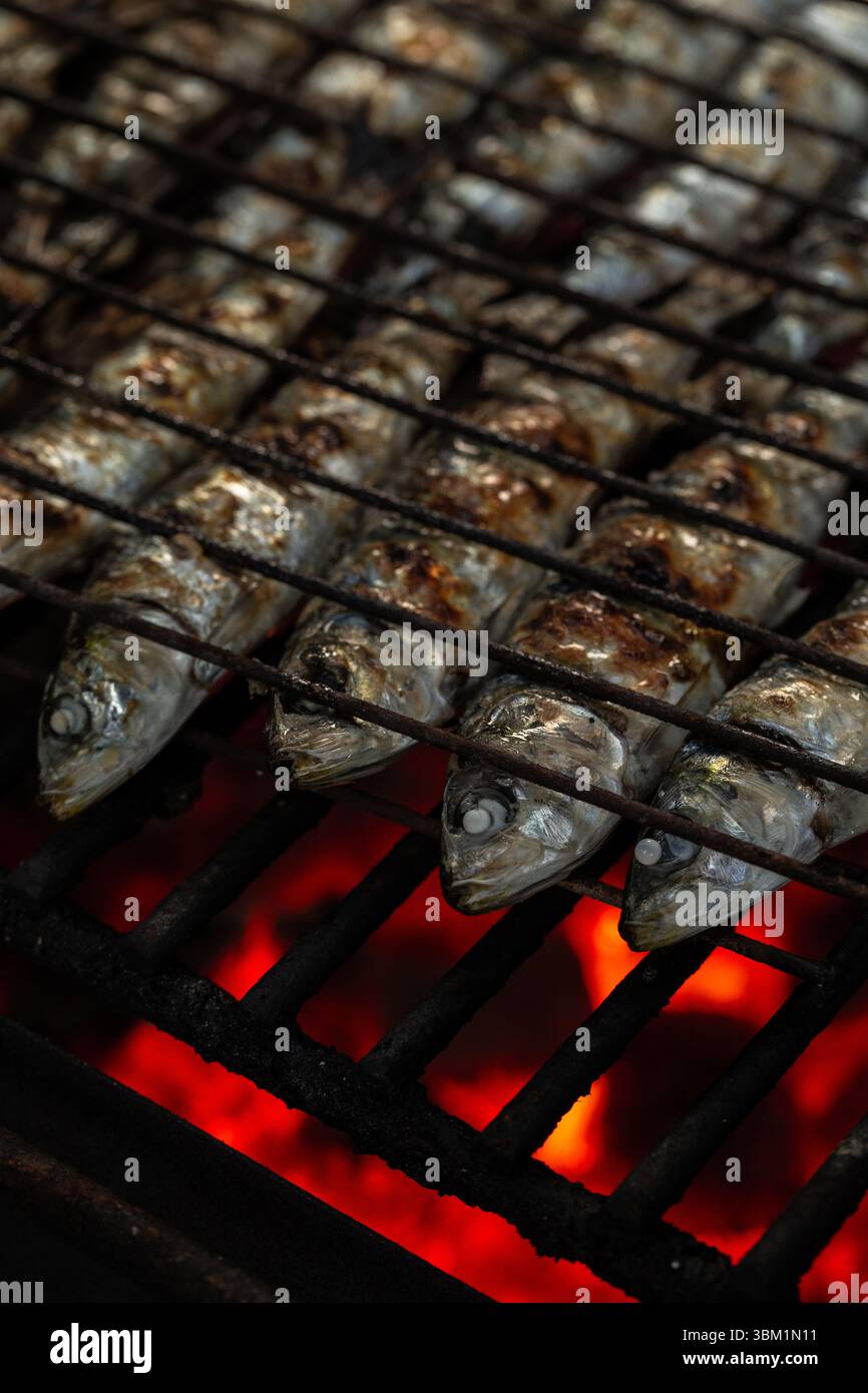 Le sardine alla griglia sono un piatto tradizionale durante i festival popolari dei Santi d'estate, 'so Joao' e 'Santo Antonio', a Braga, Porto e Lisbona. Foto Stock