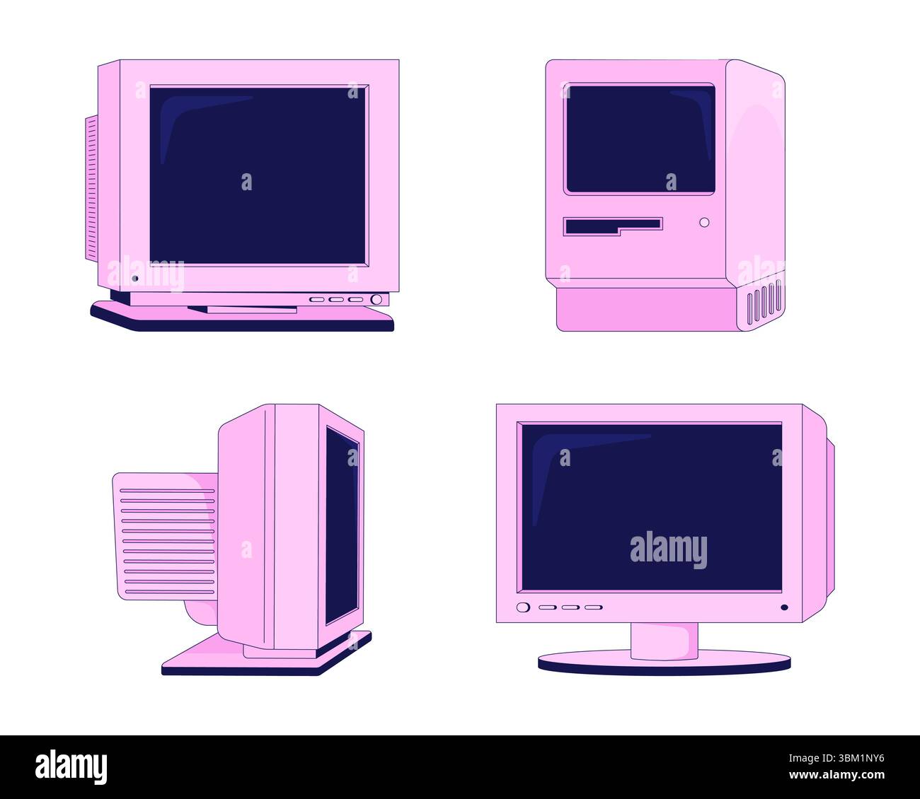 I computer Pink vintage e CRT monitorano il set di oggetti cartoni animati 2D. Illustrazione Vettoriale