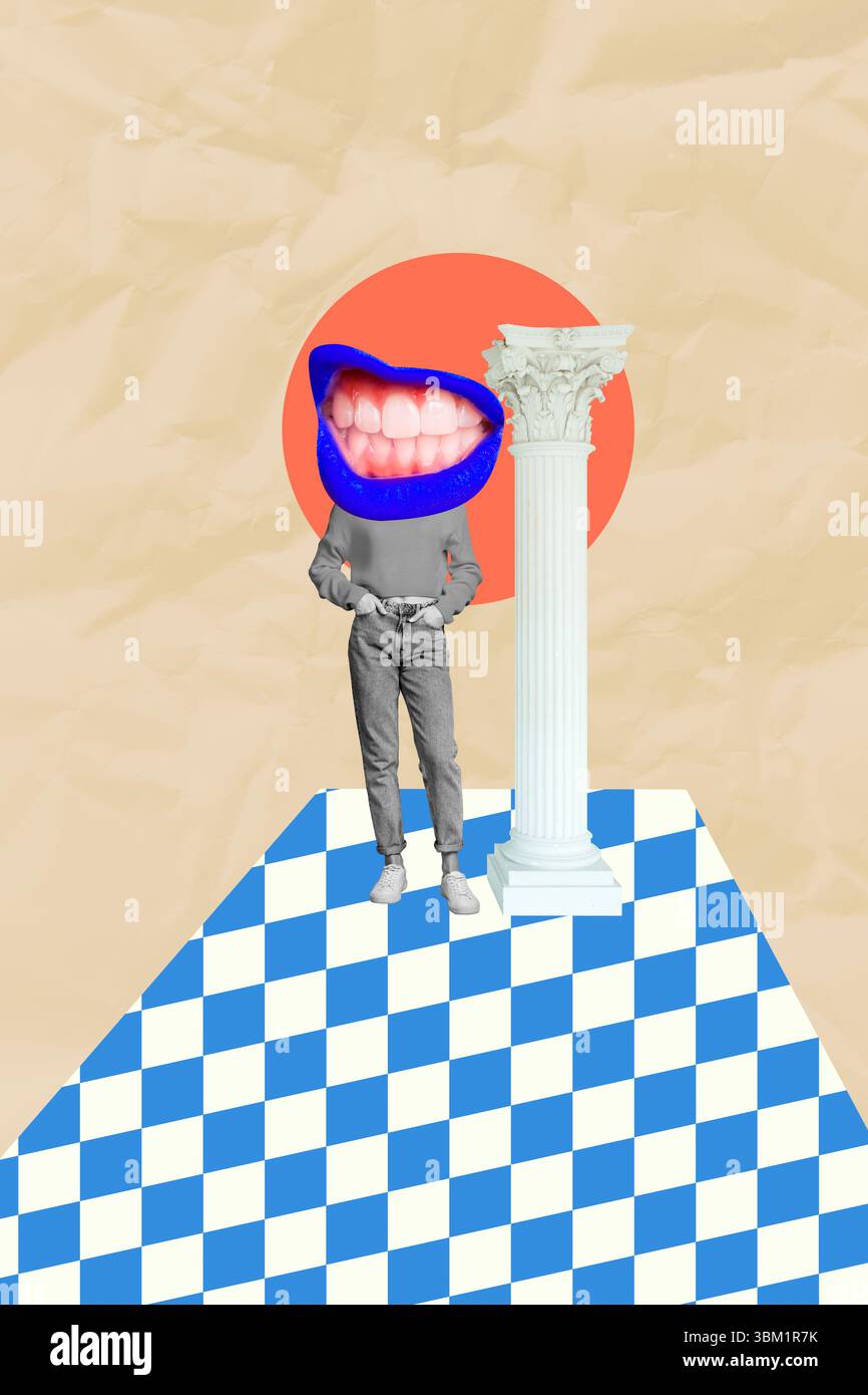 Design collage 3D grafica di tendenza composita schizzo di bocca dialogo pettegolezzo corpo astratto stand antico archeologia nuvola Foto Stock