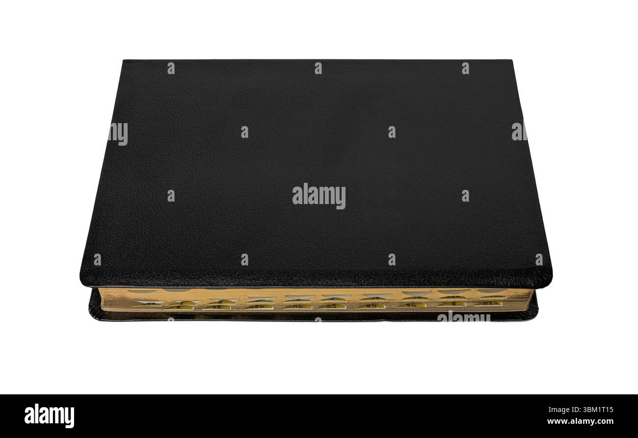 Un libro di riferimento chiuso con rilegatura in pelle nera con schede dell'indice alfabetico visibili Foto Stock