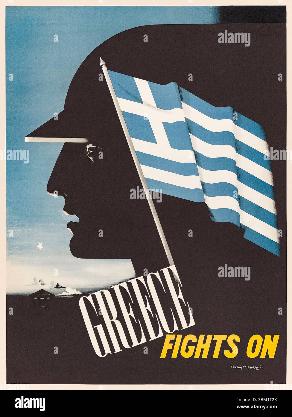 La Grecia combatte sul poster del 1942 dell'artista americano Edward McKnight Kauffer (1890-1954) che mostra la testa di un soldato di profilo, con una bandiera greca che sventola in primo piano. Commissionato dall'Ufficio greco dell'informazione negli Stati Uniti durante la seconda guerra mondiale per raccogliere sostegno alla resistenza greca contro l'occupazione dell'asse. Fotografia di un poster del 1942 originale incorniciato. Foto Stock