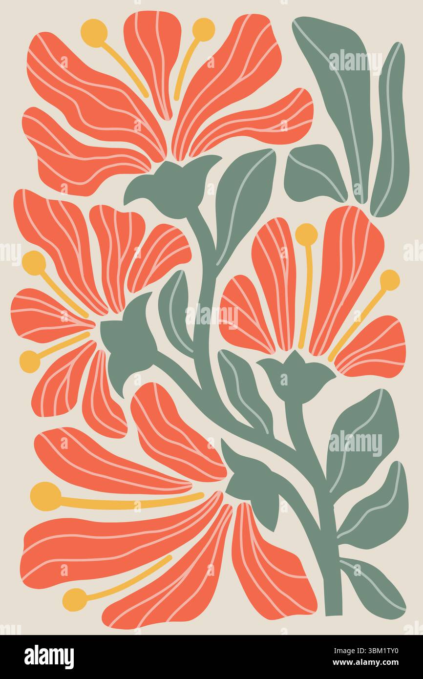 Illustrazione Vector flat ispirata allo stile ritagliato di Henri Matisses, con fiori d'arancio astratti vintage e foglie verdi, disegnati e disposti a mano Illustrazione Vettoriale