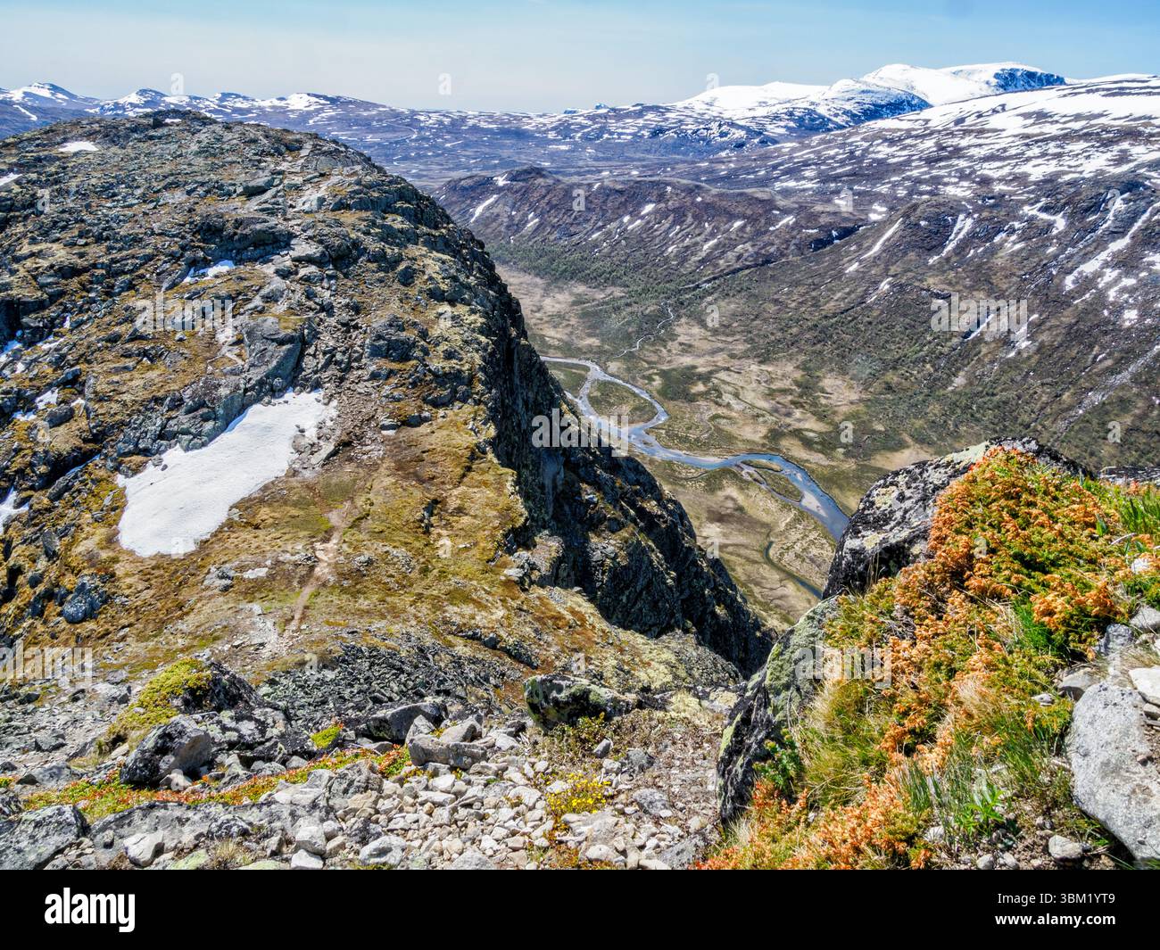Vista da Knutshoe che guarda in basso su Leirungsdal e il fiume Leirungsae nel Parco Nazionale Jotunheimen Norvegia Foto Stock