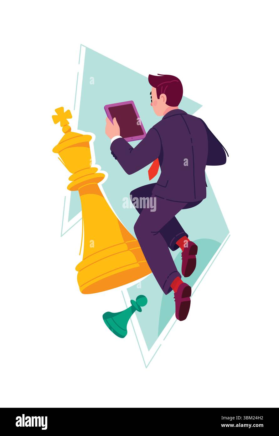 Illustrazione di un uomo d'affari con un tablet, tra pezzi di scacchi. Una metafora per le strategie aziendali, il raggiungimento di un obiettivo. Vettore. Un'immagine per i professionisti del design Illustrazione Vettoriale Illustrazione di un uomo d'affari con un tablet, tra pezzi di scacchi. Una metafora per le strategie aziendali, il raggiungimento di un obiettivo. Vettore. Un'immagine per i professionisti del design Illustrazione Vettoriale