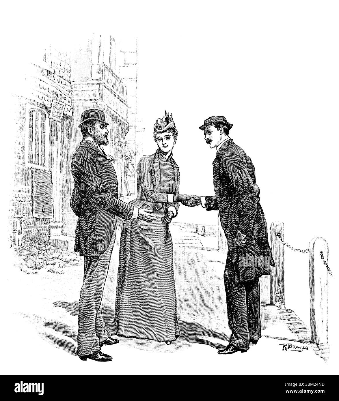 Maniere vittoriane, uomo che viene presentato alla giovane donna in strada da padre, illustrazione in linea incisa da Robert Barnes dal 1892 The Quiver Magazine Foto Stock