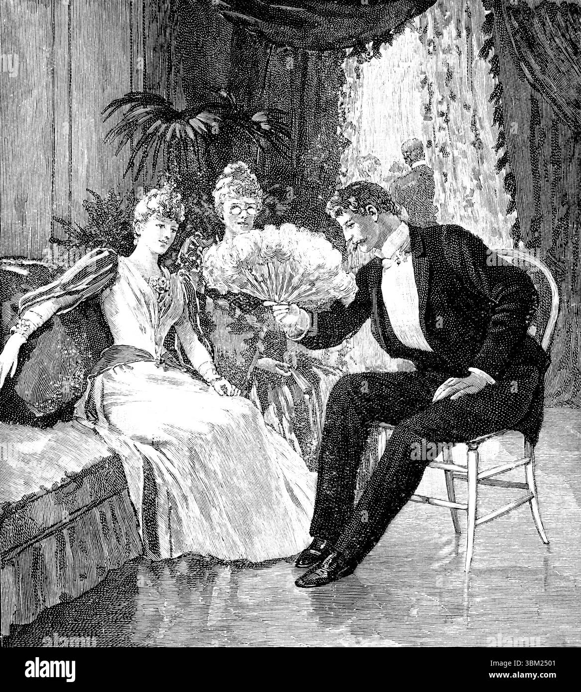 Uomo vittoriano che tiene un fan, con la giovane donna e il suo chaperone all'evento sociale in casa di campagna, illustrazione in linea incisa del 1892 The Quiver Magazi Foto Stock
