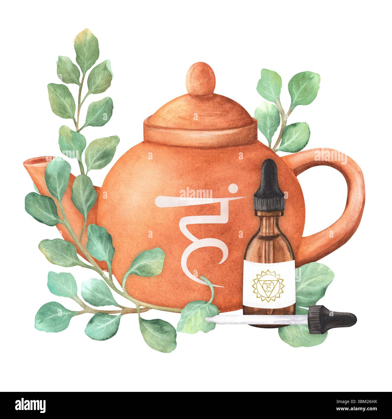 Teiera di argilla di terracotta e fiala di vetro con olio essenziale. Ramoscelli di eucalipto con foglie verdi blu. Illustrazione disegnata a mano per opuscoli pubblicitari, p Foto Stock