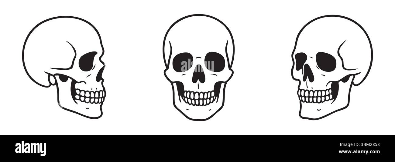 Set di profili neri di illustrazioni del cranio umano in vari angoli su sfondo bianco. concetto di anatomia, biologia, scienza forense, arte del cranio, illustrazione medica, arredamento di halloween. Illustrazione Vettoriale