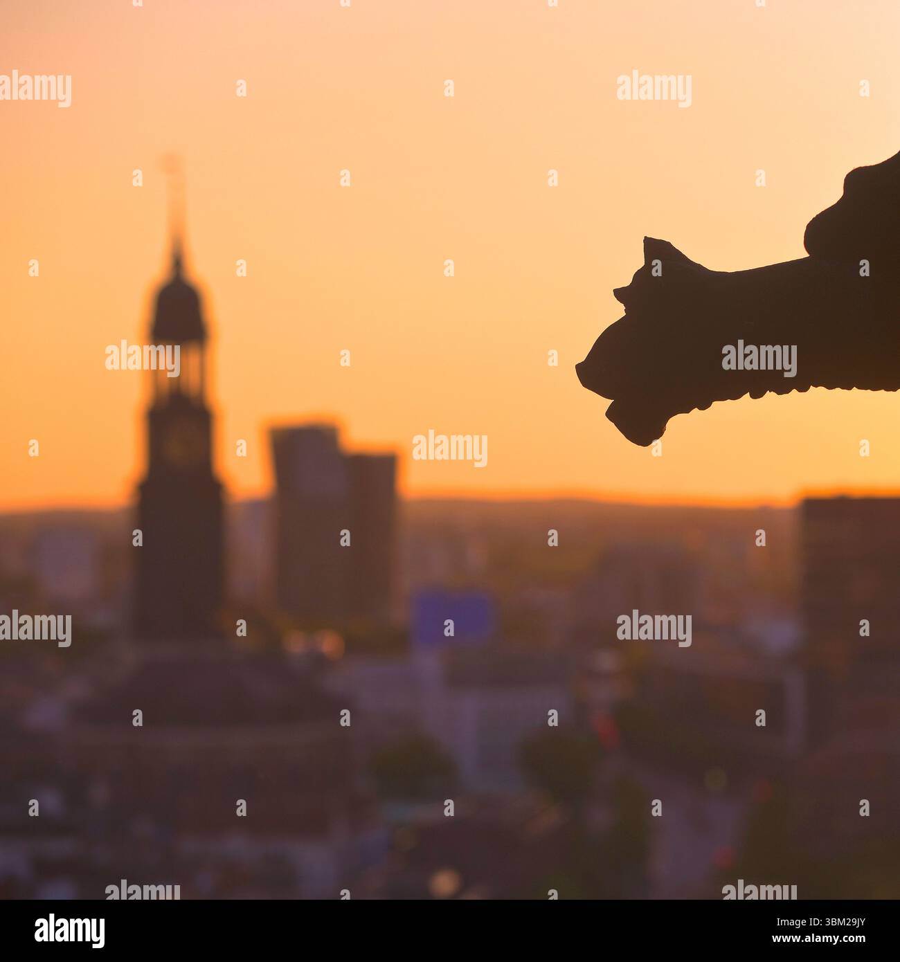 Vista dal memoriale di St. Nikolai con gargoyle sulla chiesa principale sfocata di St. Michaelis nel bagliore della sera, Germania, Amburgo Foto Stock