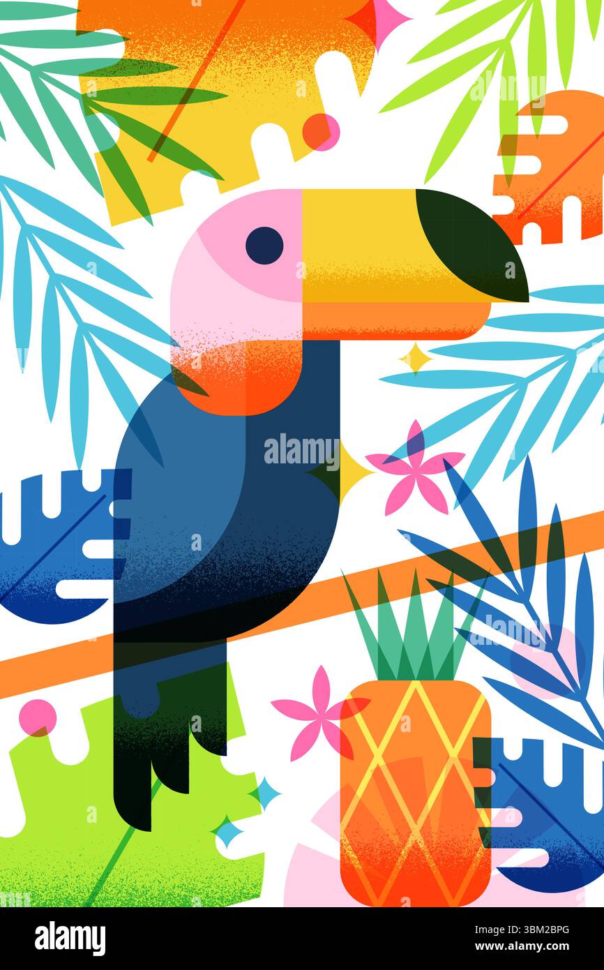 Illustrazione geometrica vettoriale colorata di spiaggia estiva, uccello tocano, ananas e foglie di palma tropicale. Elementi di design alla moda per la grafica Illustrazione Vettoriale