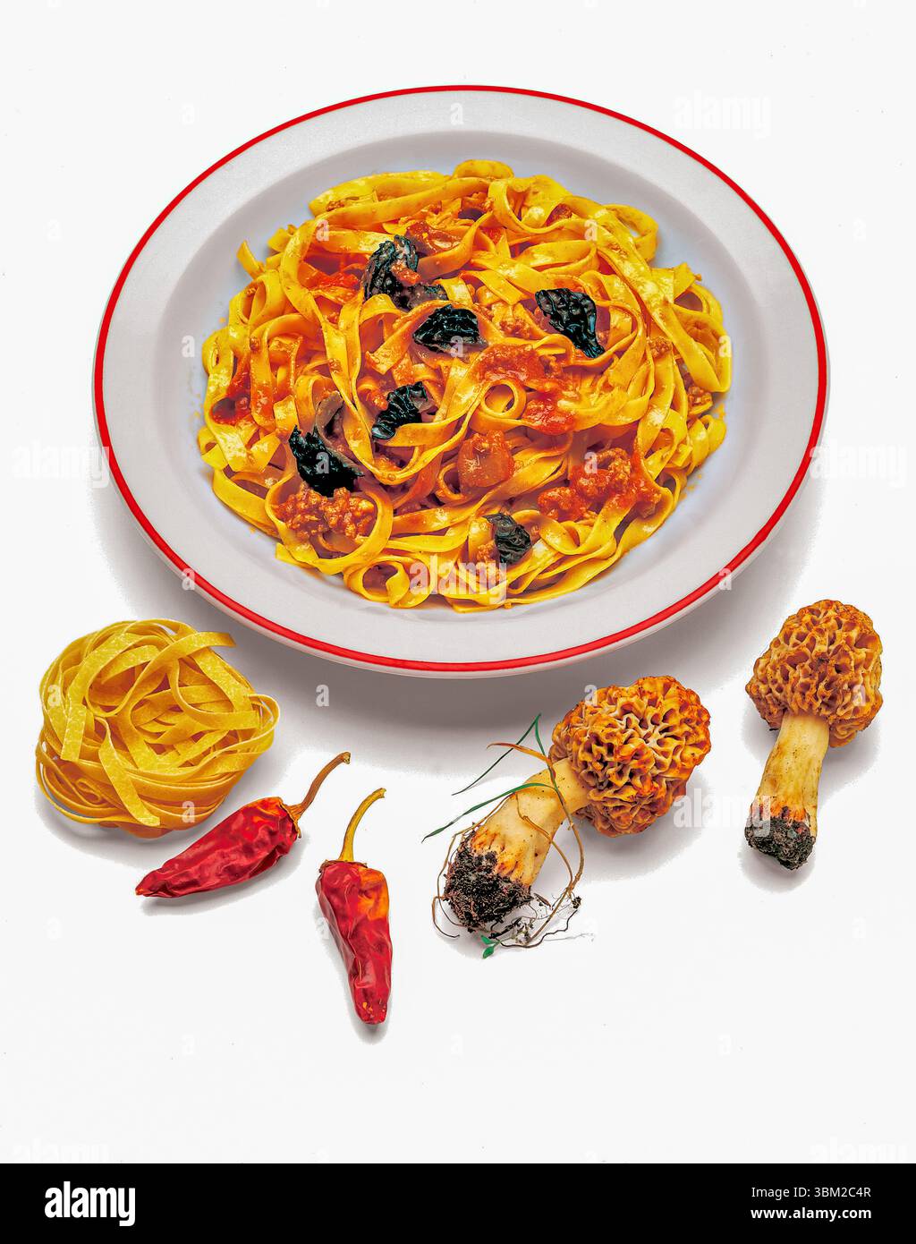 Tagliatelle con salsa di funghi morel, servite su un piatto bianco e rosso, con ingredienti crudi come moreli e peperoncini secchi che compongono Foto Stock