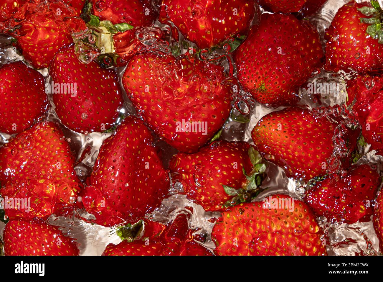 Tutta la fragola è caduta in acqua. Effetto Splash e look estivo vivace. Foto Stock
