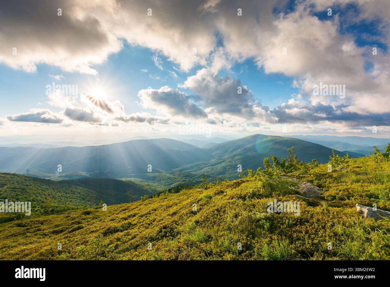 paesaggio dei carpazi alla luce della sera. vista panoramica degli altopiani ucraini in estate. cielo al tramonto con nuvole Foto Stock