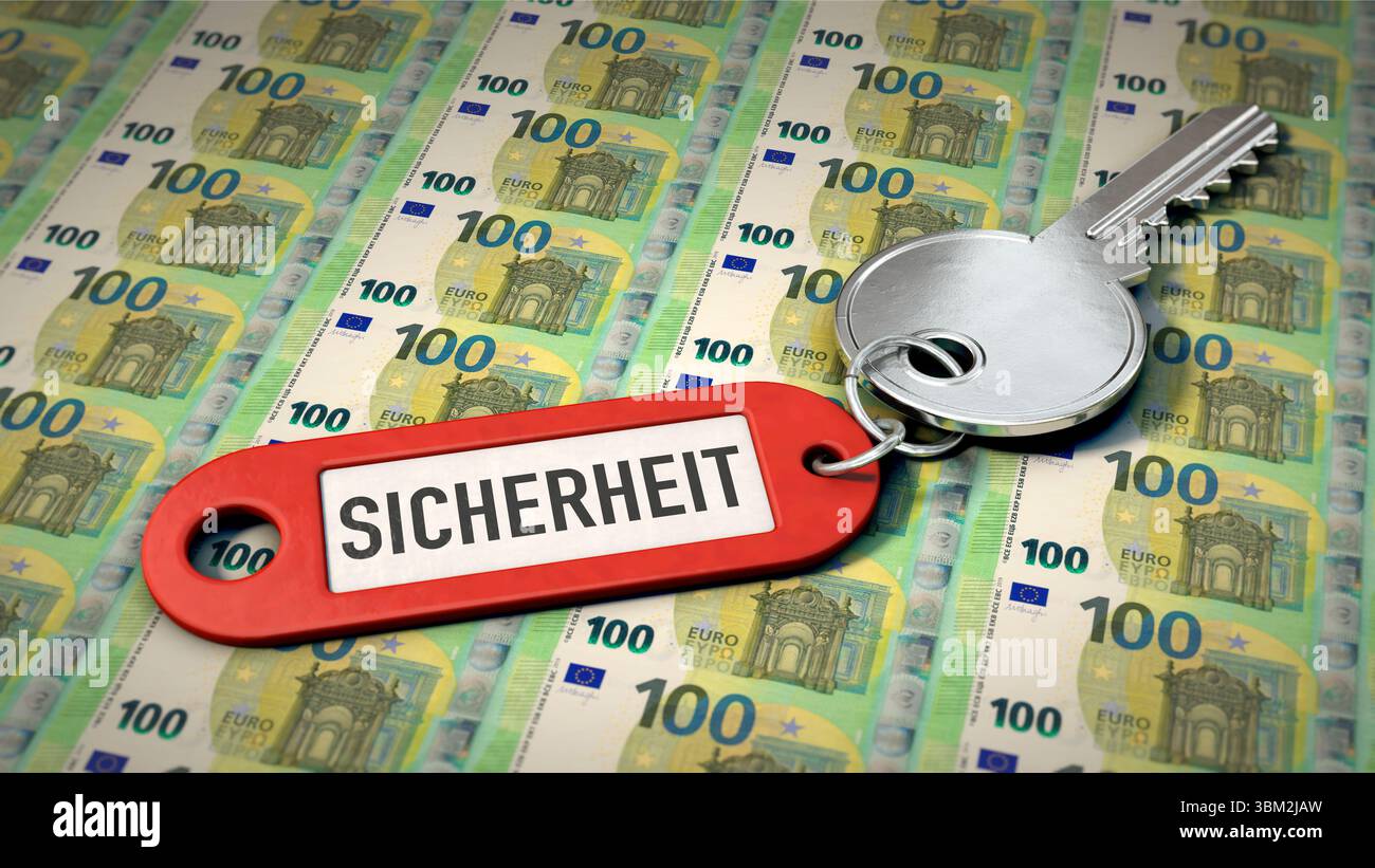 Chiave e portachiavi con la parola tedesca Sicherheit (sicurezza) si trovano su banconote da 100 euro Foto Stock