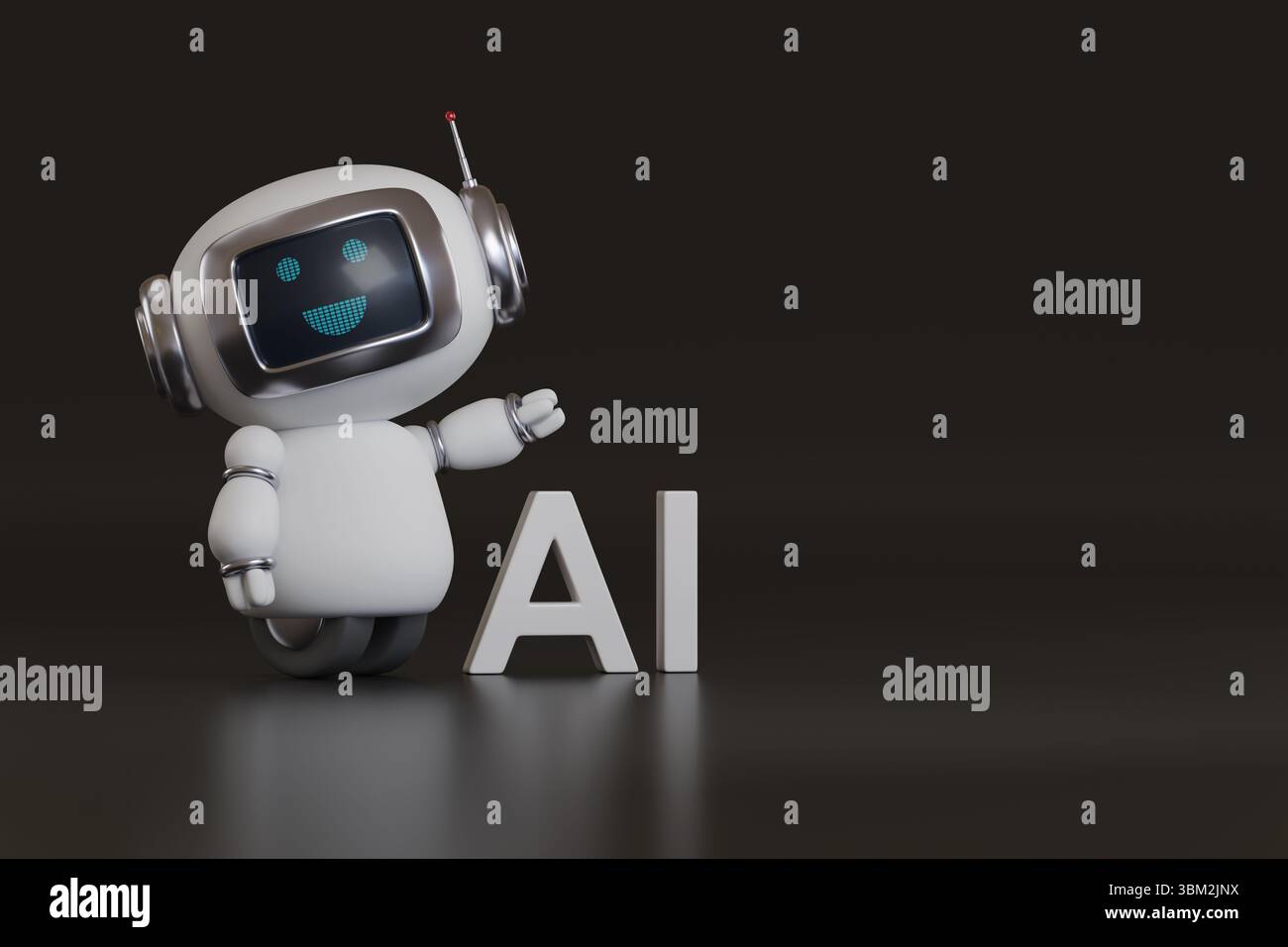 Robot simpatico e felice con testo ai su sfondo scuro con spazio di copia. illustrazione 3d. Foto Stock