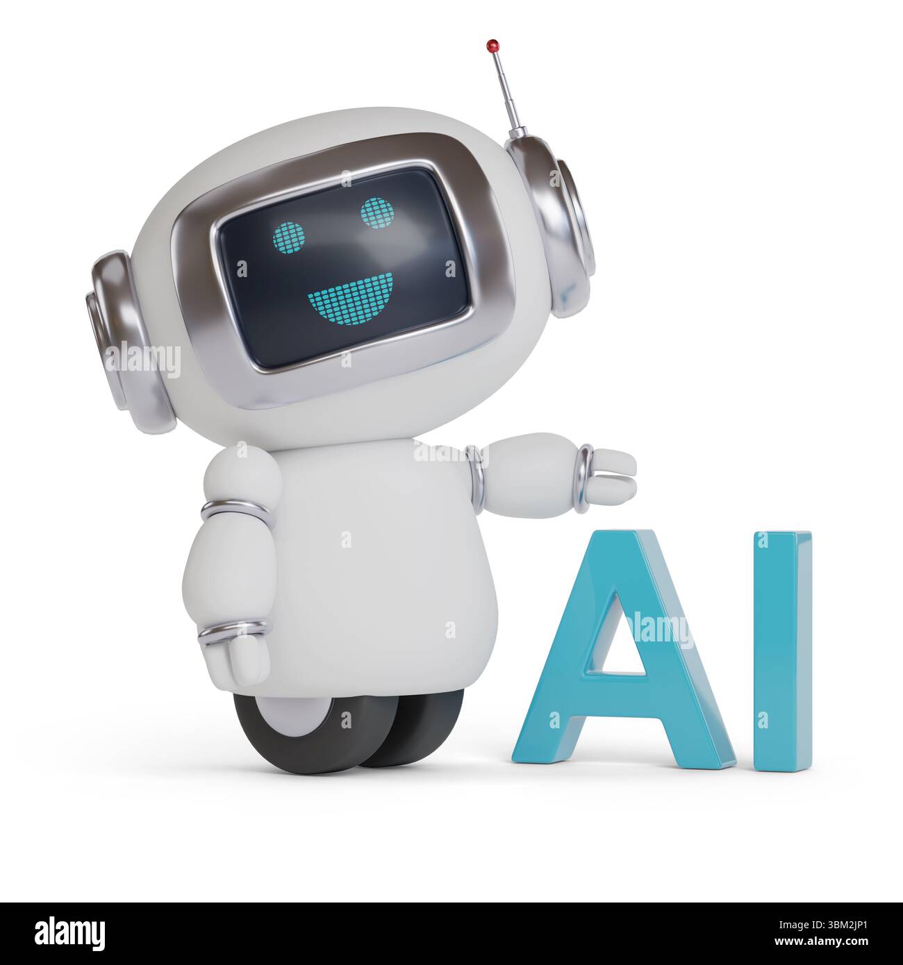 Robot simpatico e felice con testo ai isolato su sfondo bianco. illustrazione 3d. Foto Stock