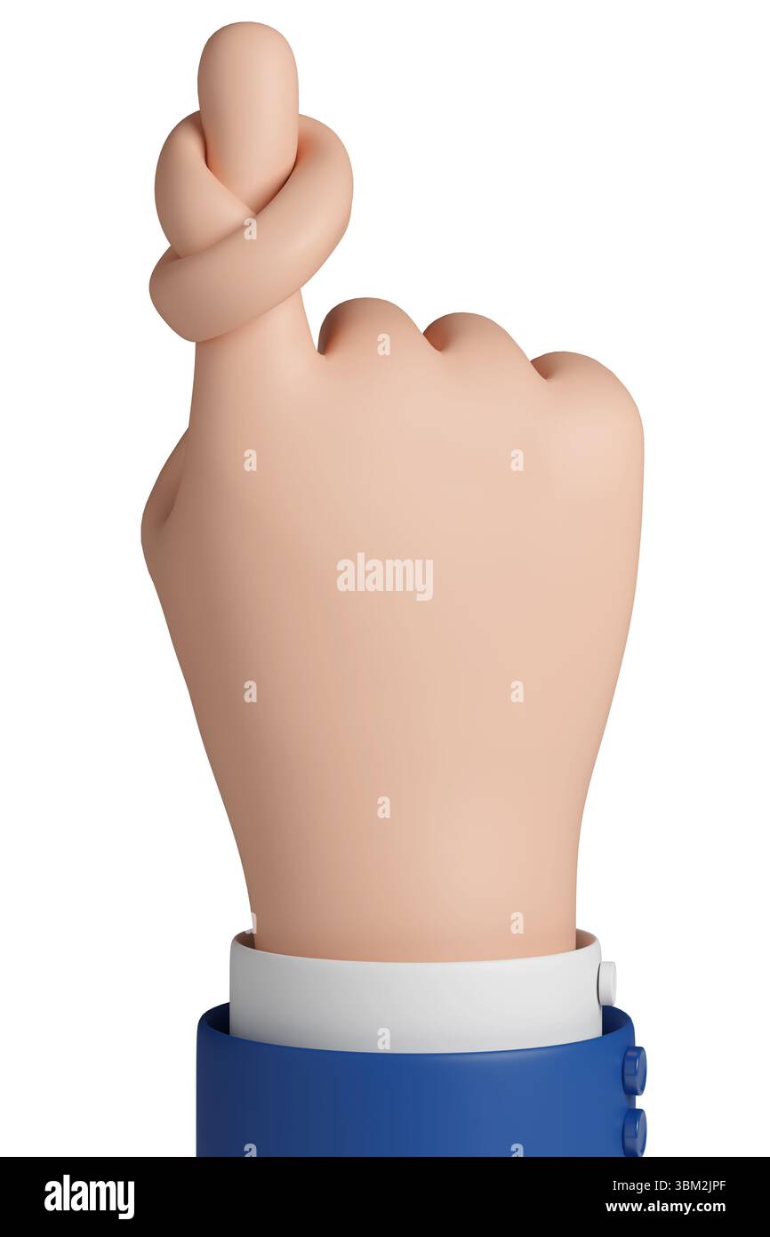 Mano di cartone animato con un dito annodato. Concetto di promemoria. Illustrazione 3D. Foto Stock