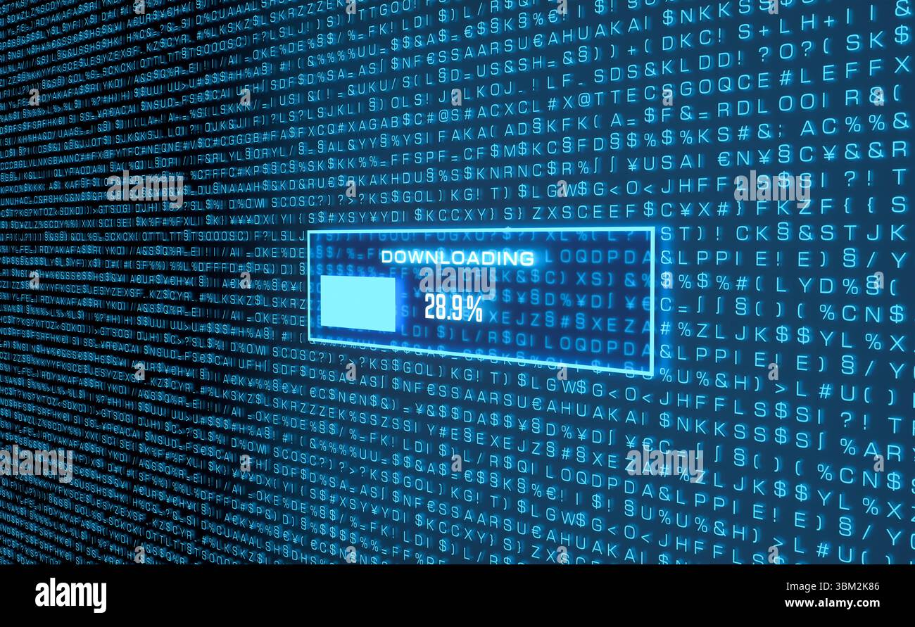 Scarica la barra di avanzamento sullo schermo, i dati, il sistema è stato violato. Simbolo della barra di avanzamento del download sullo schermo. Download non autorizzato di dati da un sistema informatico hackerato, crimini informatici, file informatici, sicurezza IT. Illustrazione 3D img Technology 060s03 download random letters Signs Foto Stock