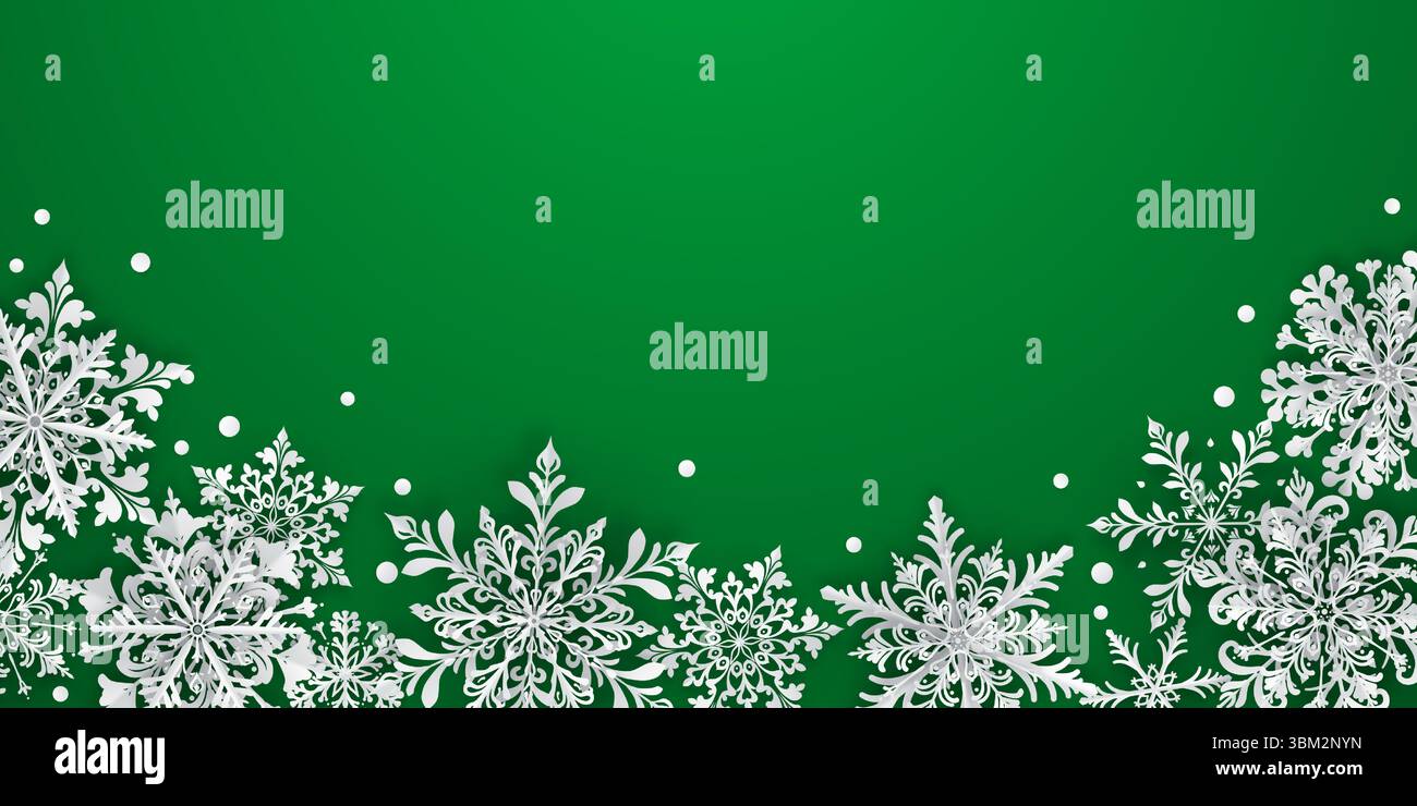 Illustrazione natalizia con intricati fiocchi di neve di varie dimensioni e design, situata sotto, bianca su sfondo verde. Illustrazione Vettoriale