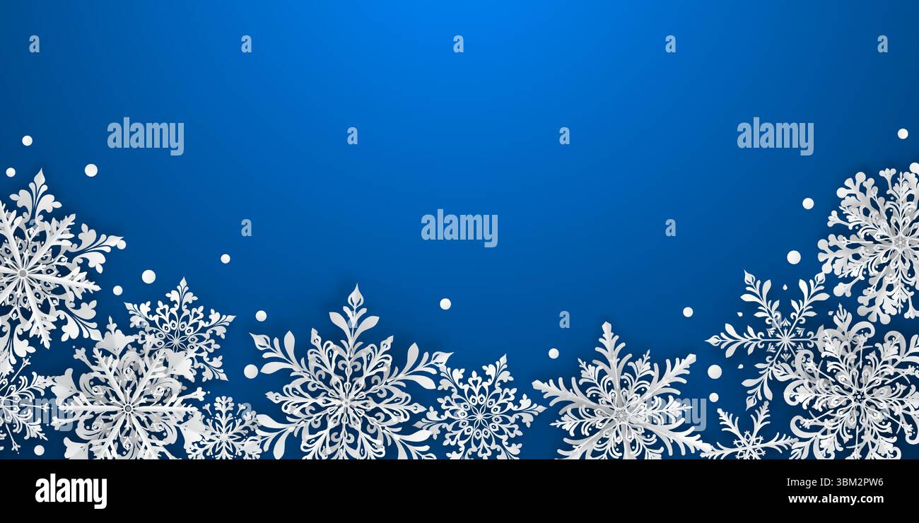 Illustrazione natalizia con intricati fiocchi di neve di varie dimensioni e design, situata sotto, bianca su sfondo blu. Illustrazione Vettoriale