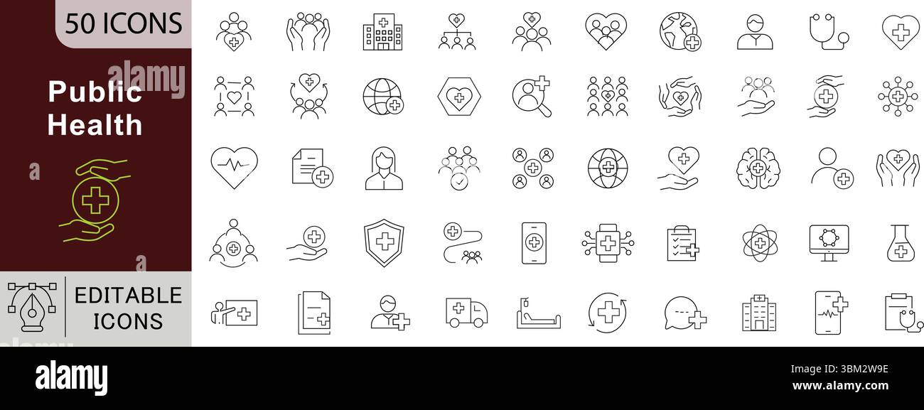 Set icone linea salute pubblica. Collezione di vettori per il settore sanitario, medico, protezione e benessere. Icone modificabili Illustrazione Vettoriale