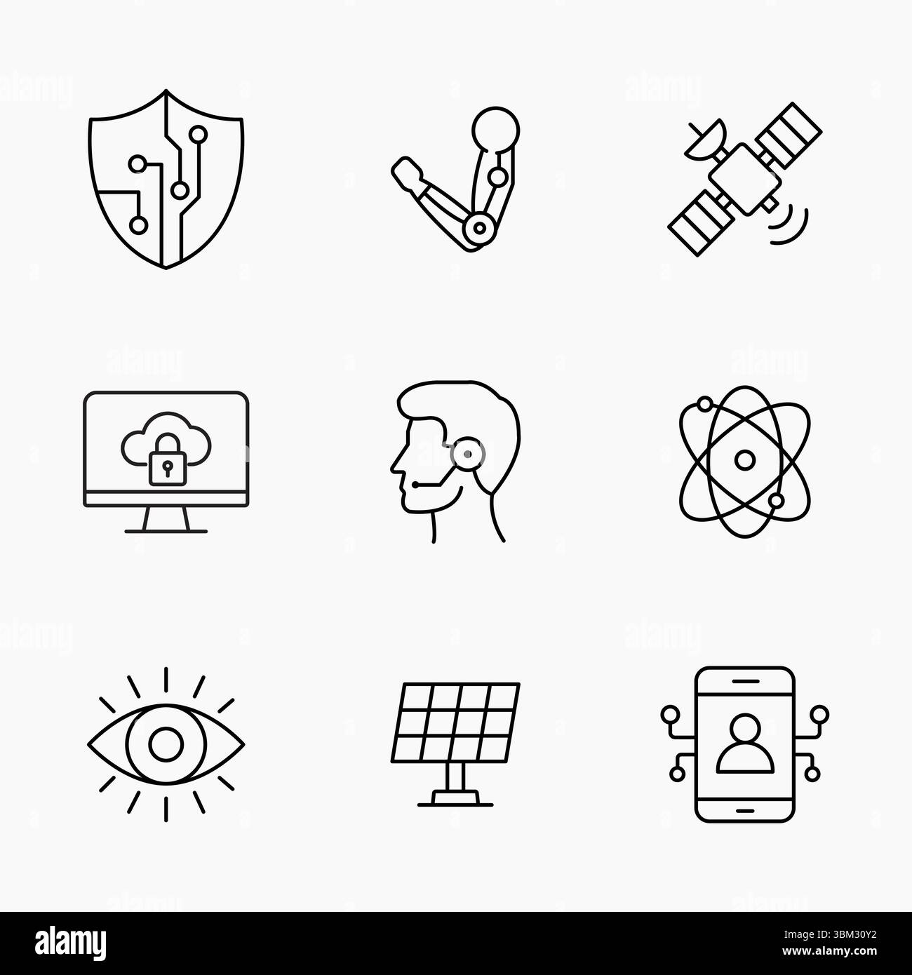 Delineare le icone che illustrano la tecnologia moderna e le innovazioni future la cibersicurezza, la tecnologia spaziale e le energie rinnovabili, ideali per le pubbliche relazioni scientifiche e tecnologiche digitali Illustrazione Vettoriale