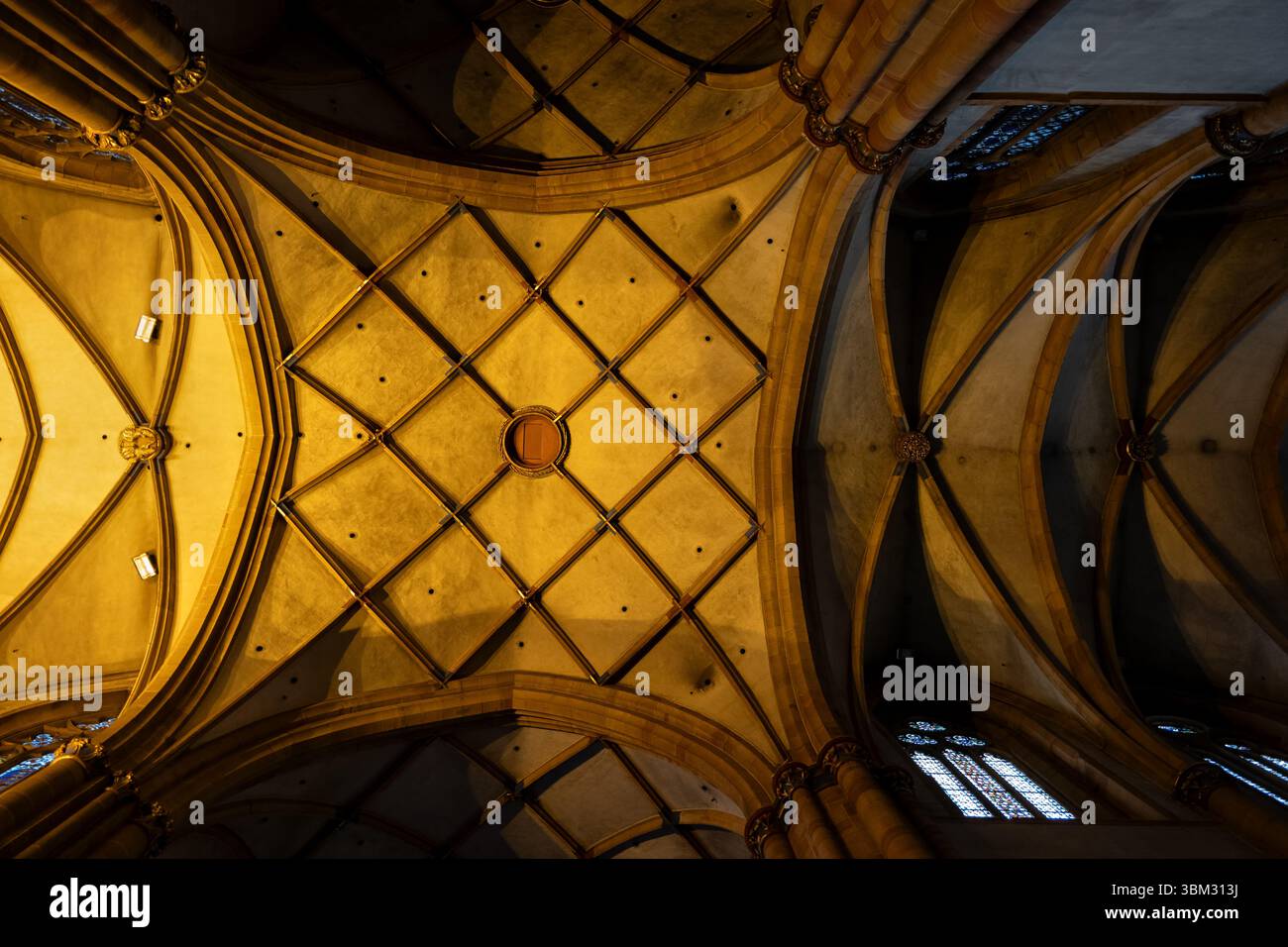 Volta a costola gotica all'interno della chiesa di San Martino del 1365 a Colmar, Alsazia, Francia. Foto Stock