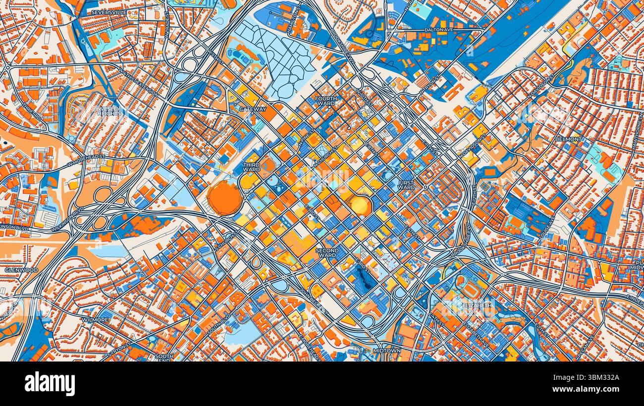 Cartina artistica colorata di Charlotte con etichette ed edifici con molti dettagli per strade urbane, sentieri e strade. Foto Stock